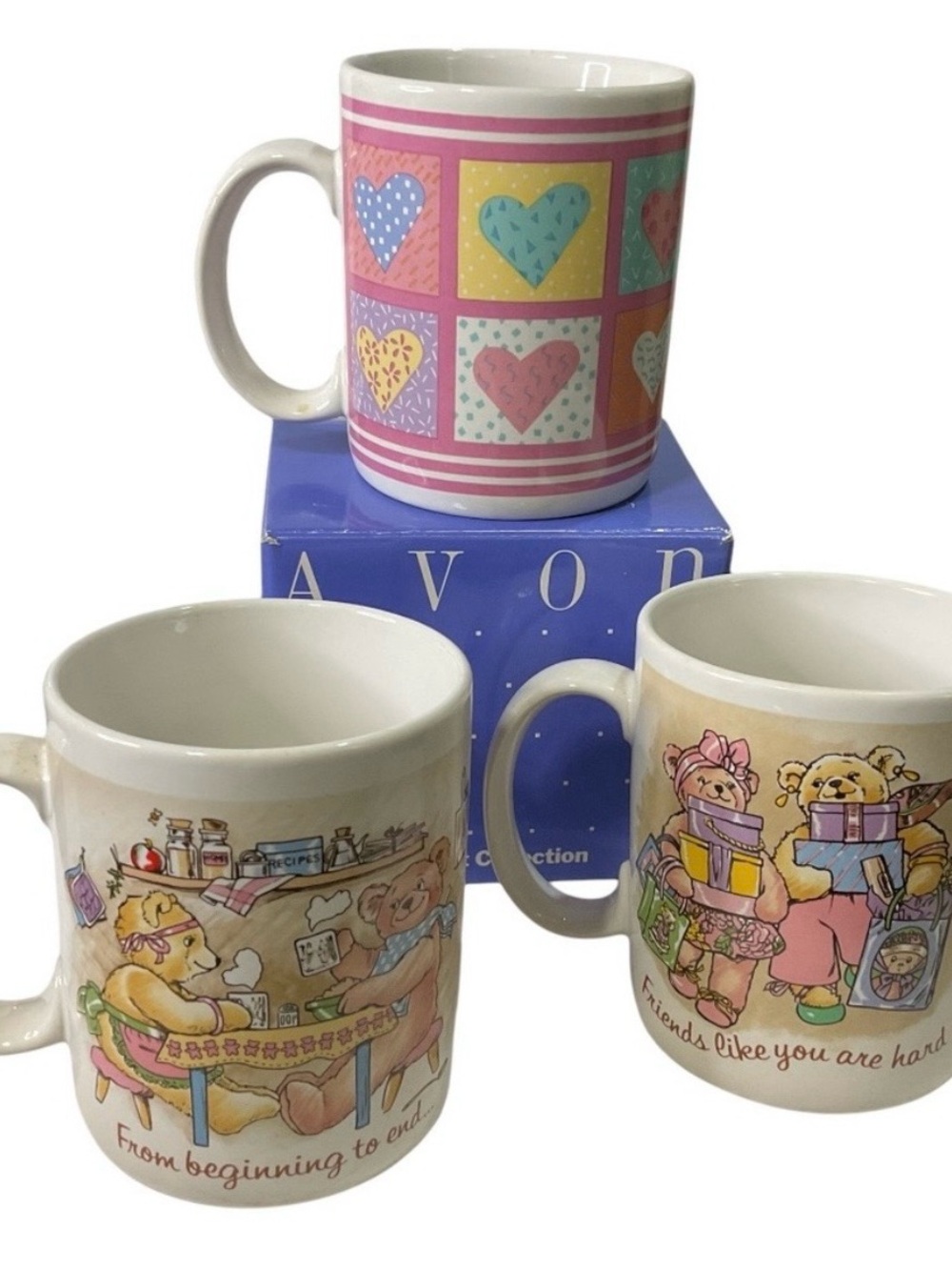 3 vintage Avon pastel Honey bear and heart mugs
